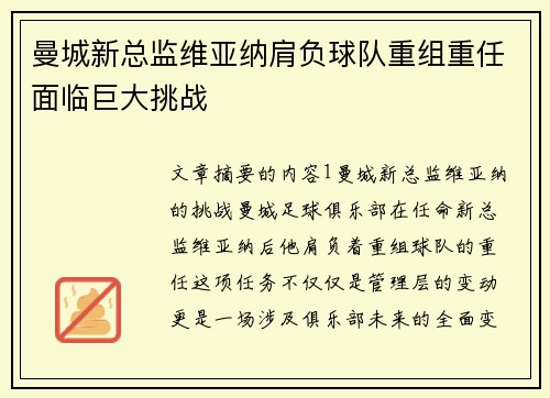曼城新总监维亚纳肩负球队重组重任面临巨大挑战