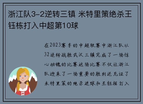 浙江队3-2逆转三镇 米特里策绝杀王钰栋打入中超第10球