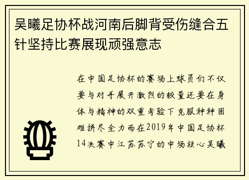吴曦足协杯战河南后脚背受伤缝合五针坚持比赛展现顽强意志