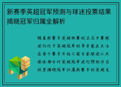 新赛季英超冠军预测与球迷投票结果揭晓冠军归属全解析